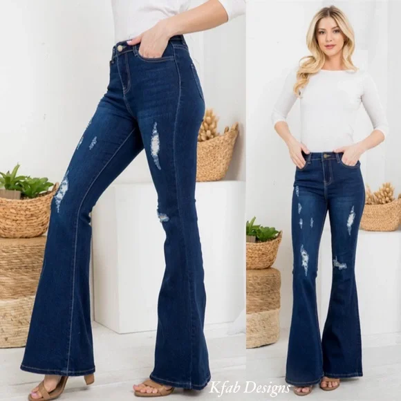 ❤️LAST 3! High Waist Dark Denim Distressed Flare Jeans! - Picture 5 of 7